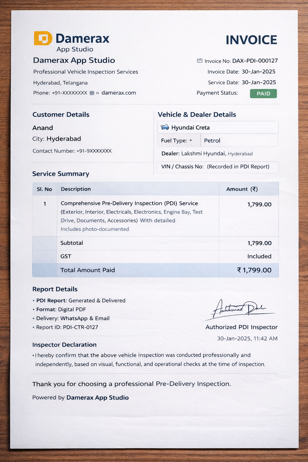 PDI Check Pro Invoice and Report